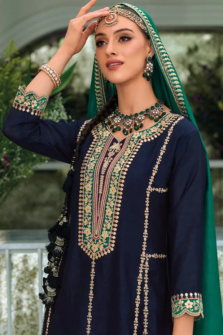 Pleasing Blue Color Premium Silk Embroidery Kurti With Dupatta