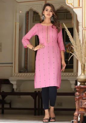 Pretty Pink Color Gold print Rayon Kurti With Embroidery Work