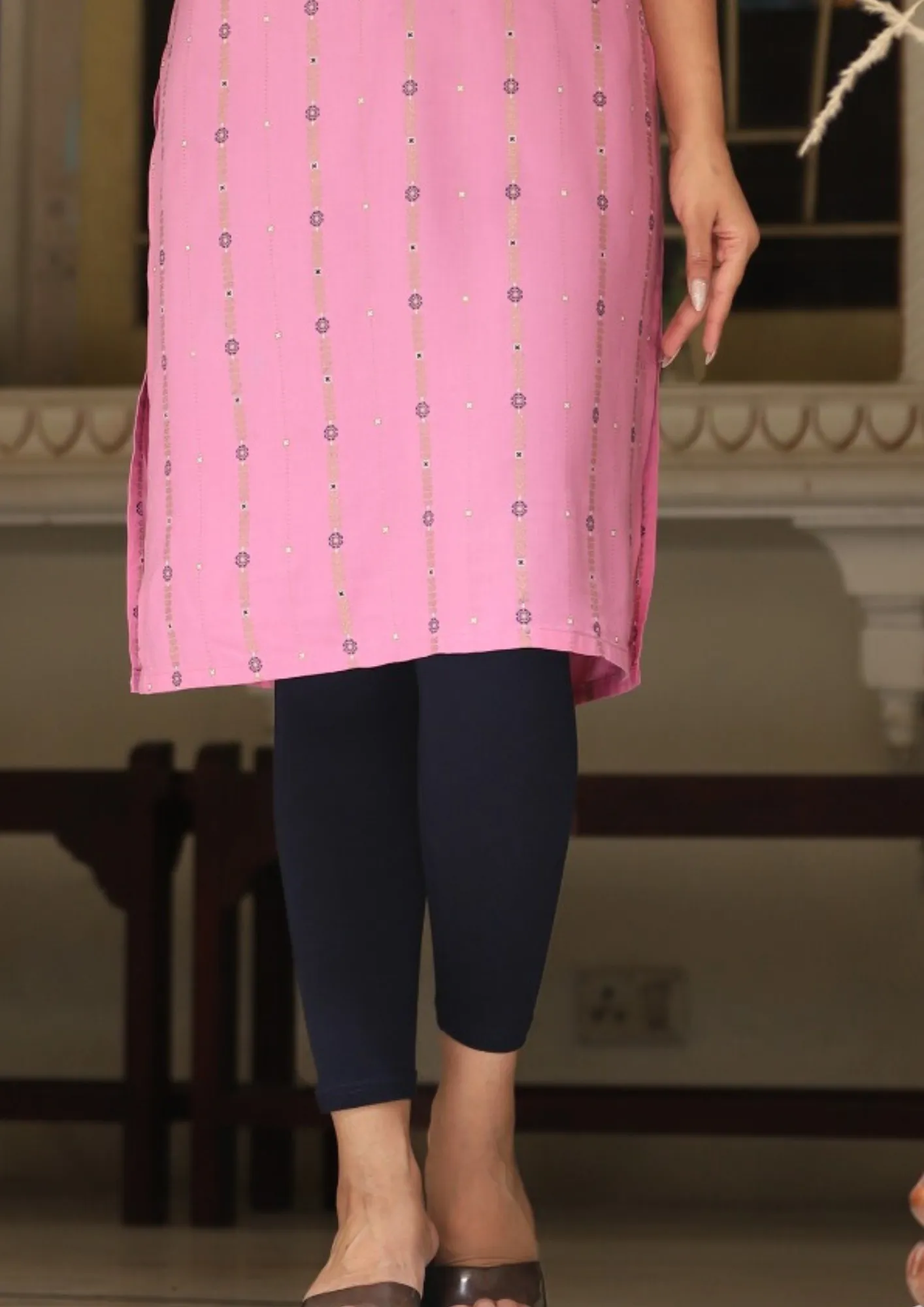 Pretty Pink Color Gold print Rayon Kurti With Embroidery Work