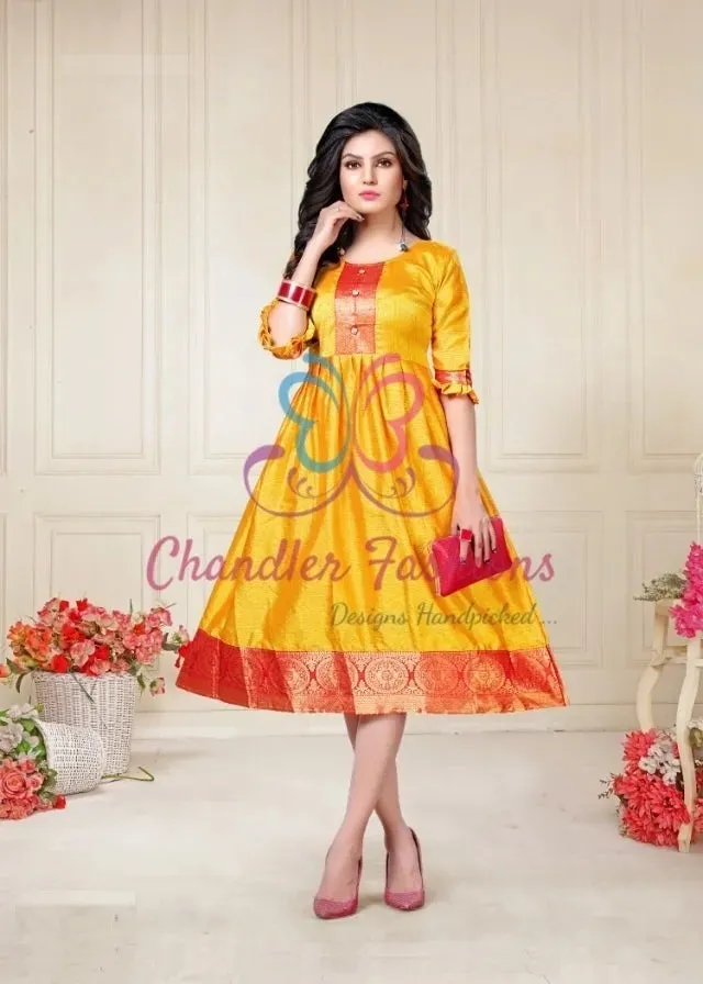 Pretty Yellow Color Aura Silk Kurti With Red Border