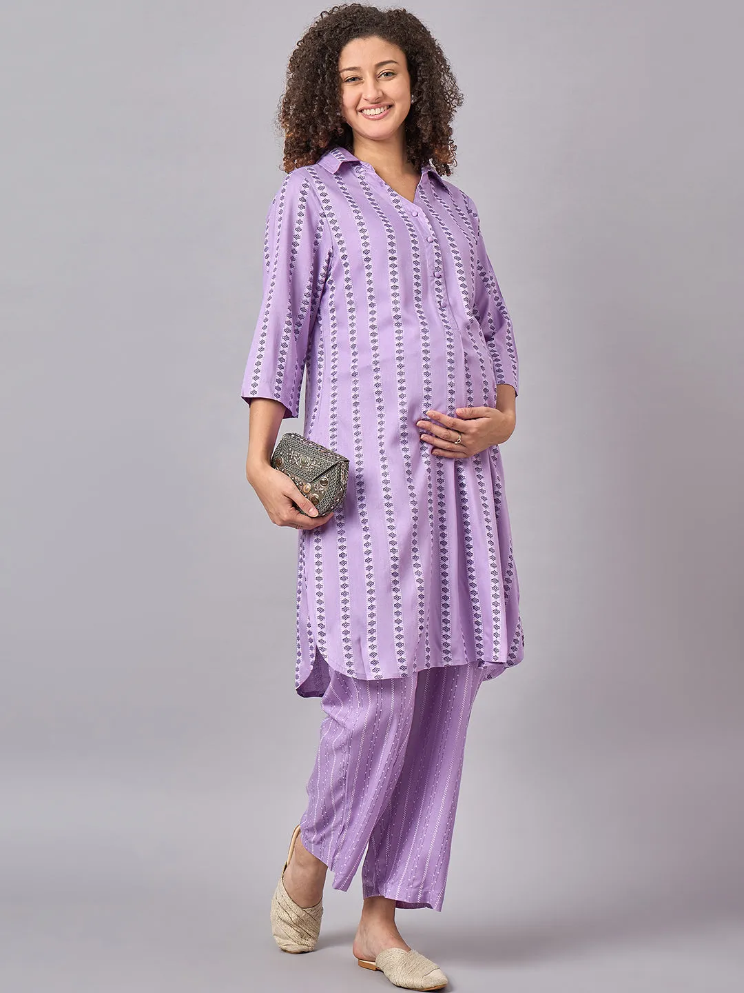 Purple Color Shirt Collar Maternity & Nursing Kurta Set