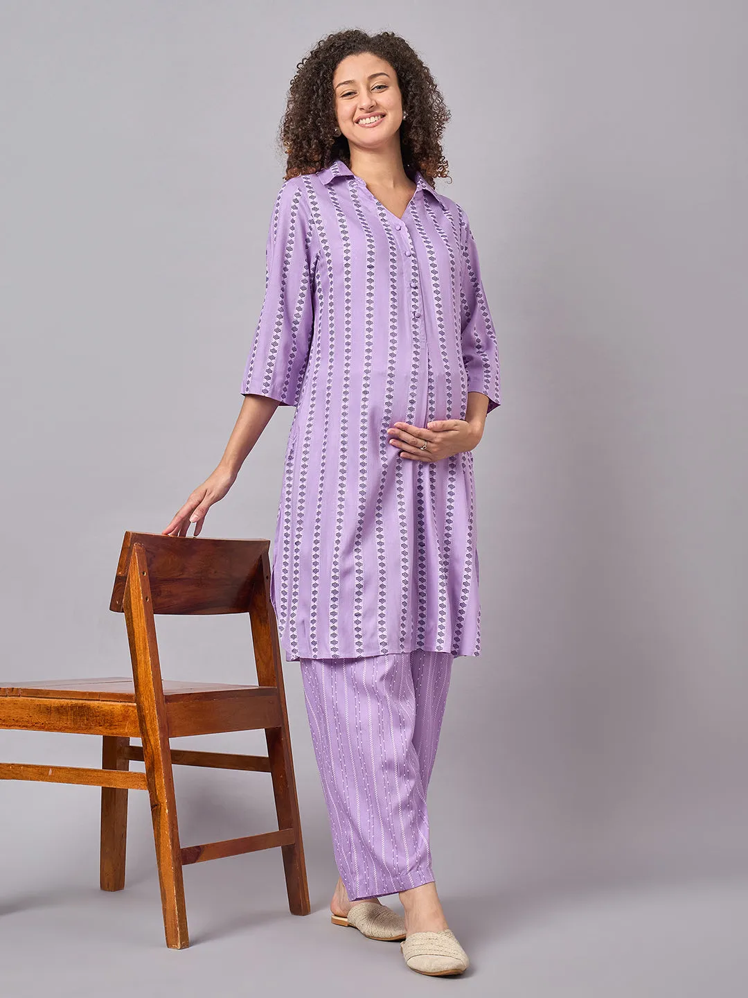 Purple Color Shirt Collar Maternity & Nursing Kurta Set