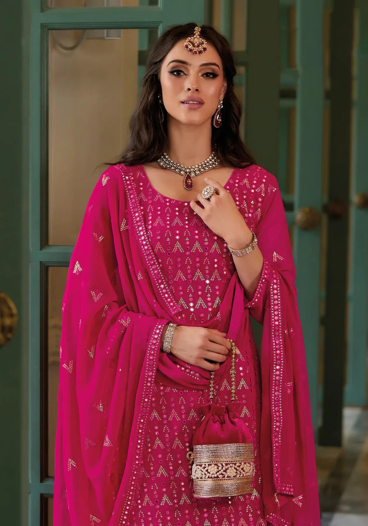 Rani Pink Color Georgette Party Wear Embroidered Readymade Designer Palazzo Suits