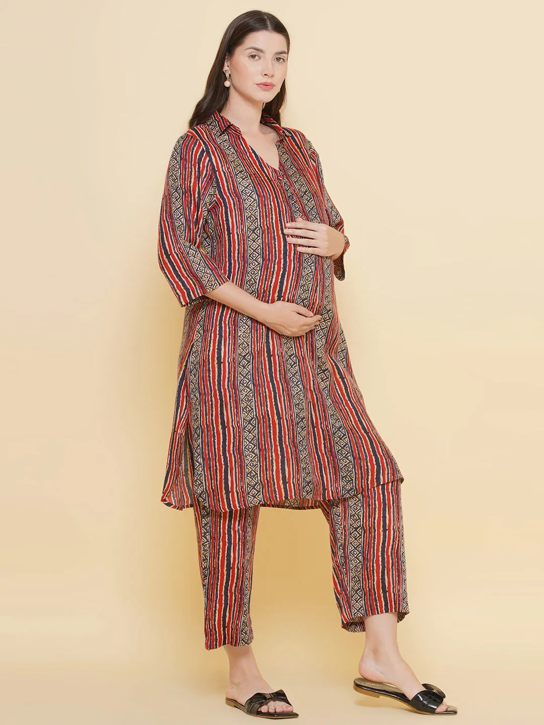 Red Stripe Print Shirt Collar Maternity & Nursing Kurta Set