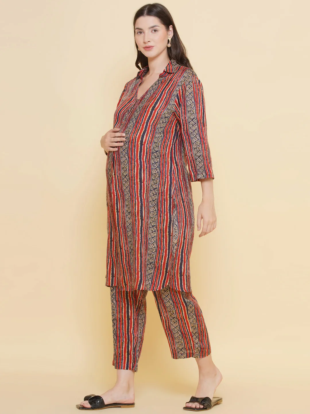 Red Stripe Print Shirt Collar Maternity & Nursing Kurta Set