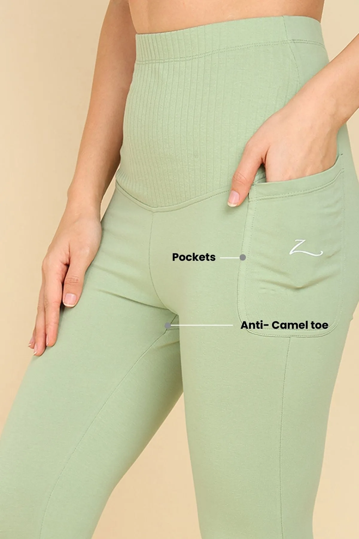 Ribbed Cotton Pistachio Green Maternity Capri (Pregnancy & Postpartum)