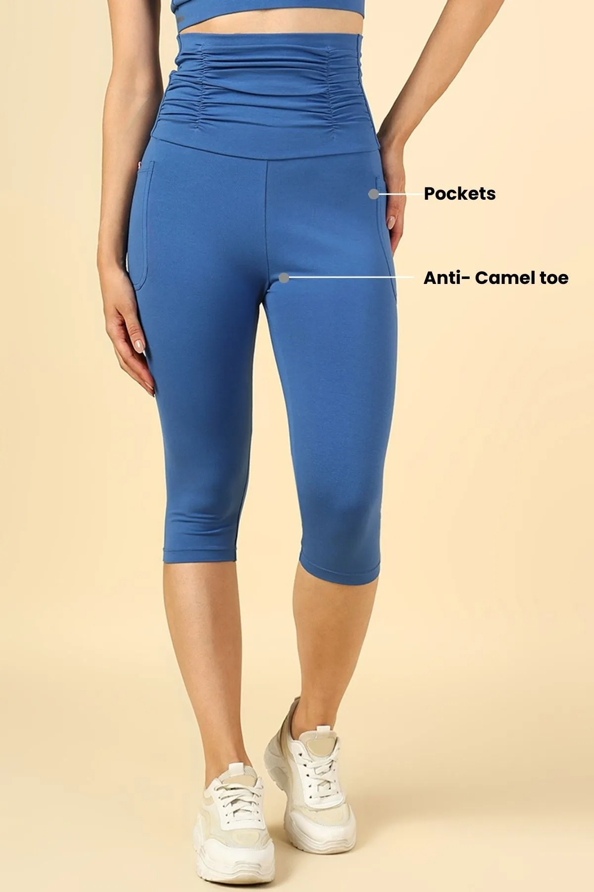 Ruched Cotton Blue Maternity Capri (Pregnancy & Postpartum)