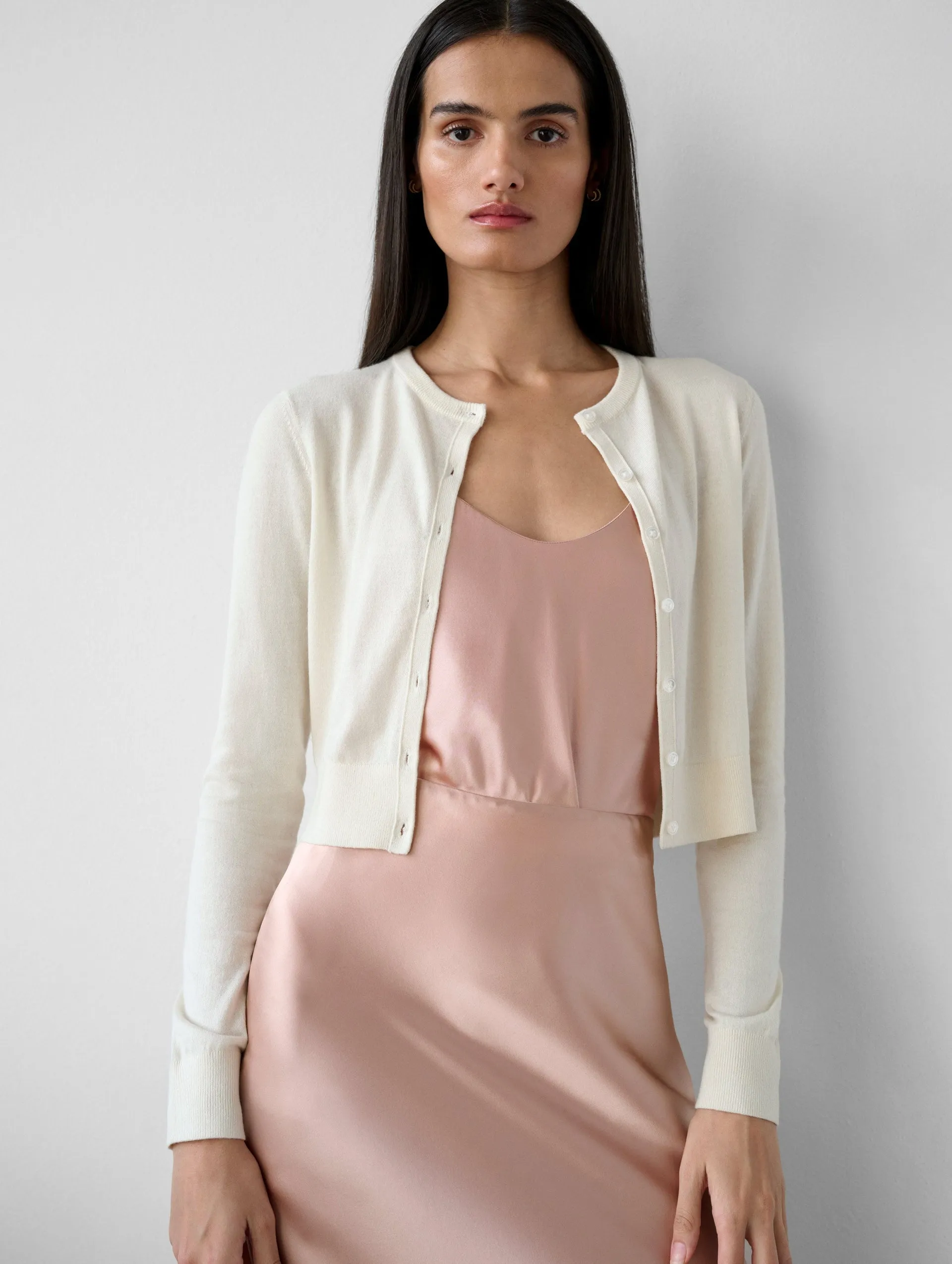 Silk Cashmere Crewneck Cardigan in Ivory