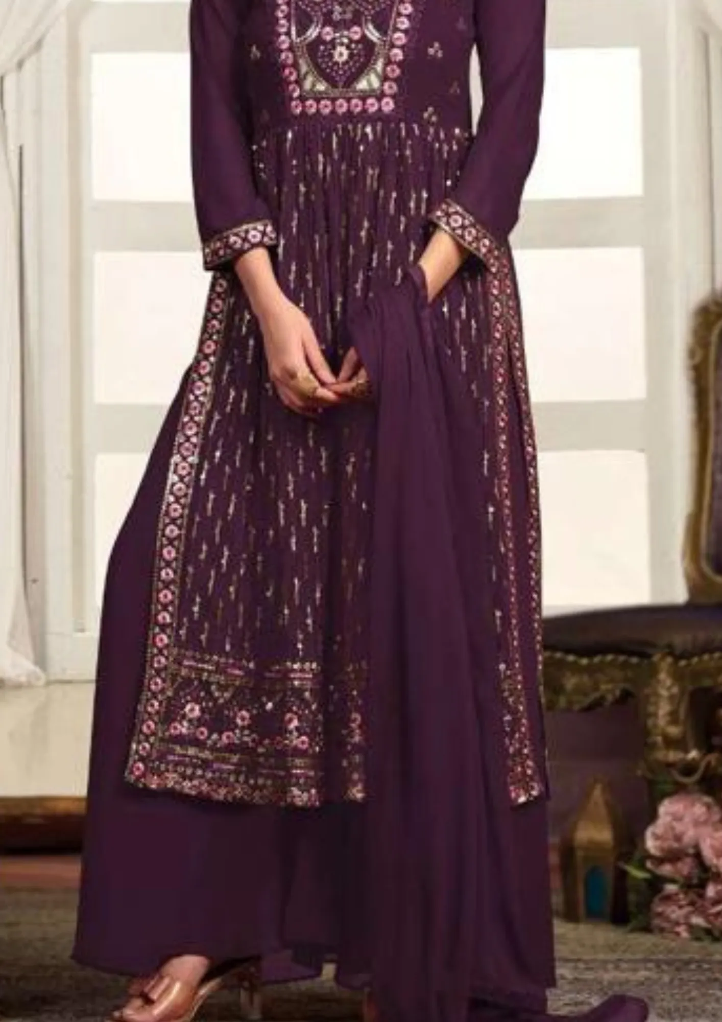 Stunning Purple Color Kurti With Palazzo Suits With Nazmin Dupatta