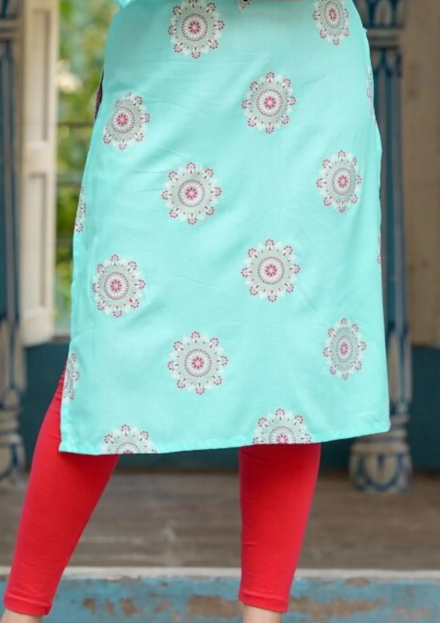 Stunning Sky Blue Colored Gold print Kurti With Fancy Embroidery Work