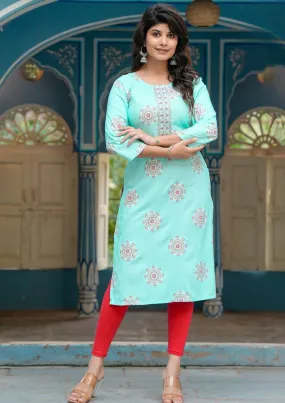 Stunning Sky Blue Colored Gold print Kurti With Fancy Embroidery Work