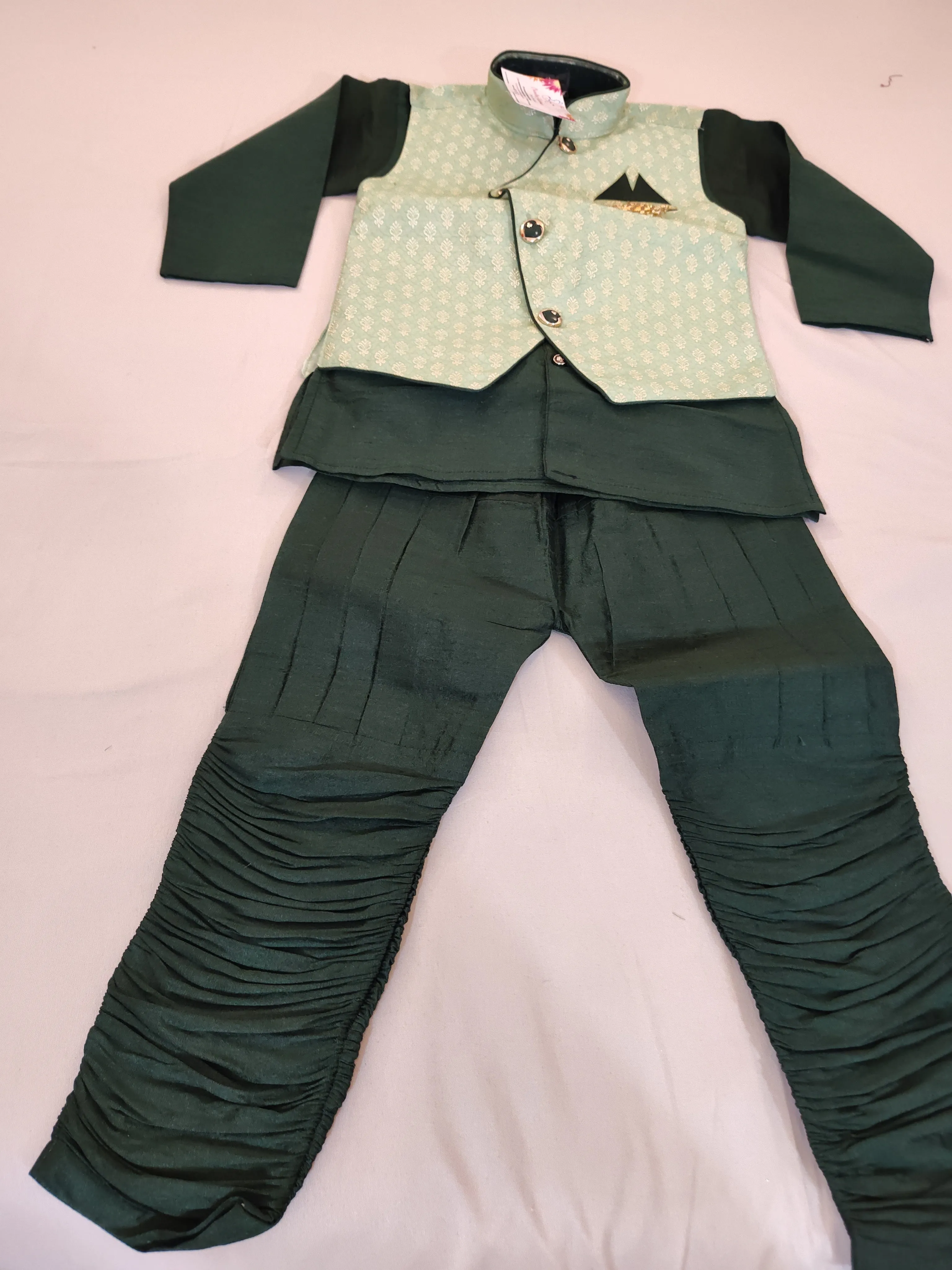 Traditional Boys Green Silk Cotton Kurta Pajama Pant