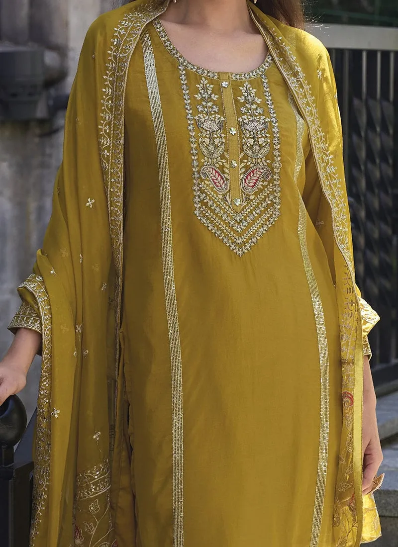 Trendy Festival Wear Mustard Yellow Embroidery Work With Soft Organza Salwar Suit