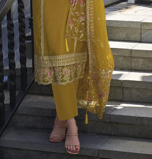 Trendy Festival Wear Mustard Yellow Embroidery Work With Soft Organza Salwar Suit