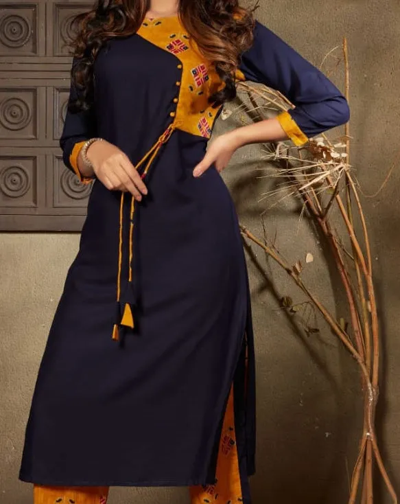 Trendy Mustard And Blue Slub Rayon Kurti With Pencil Pants