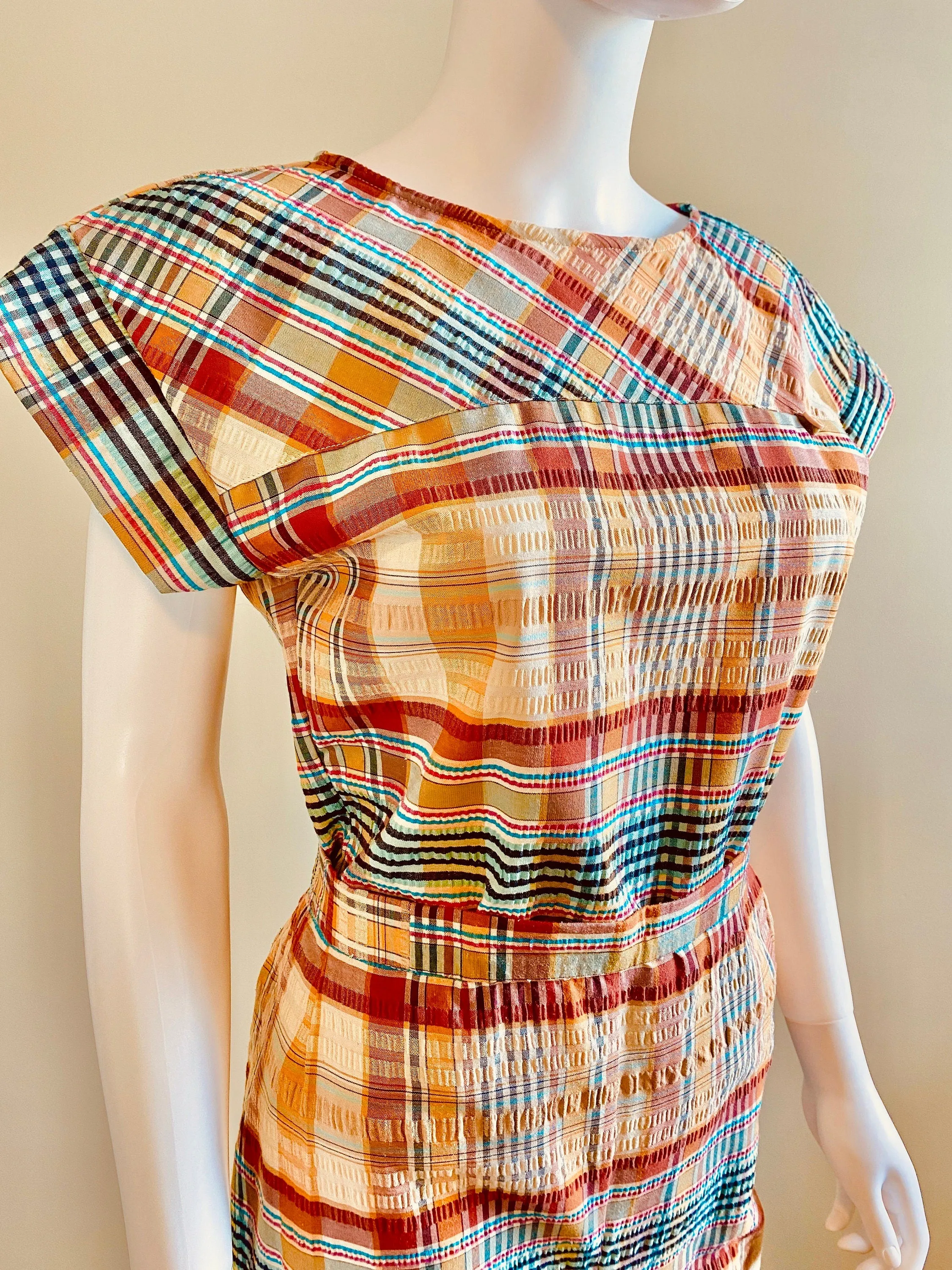 Vintage 1970s Madras Plaid Side Button Capri and Blouse Set / 70s does 1950s cotton pants and top / Size S