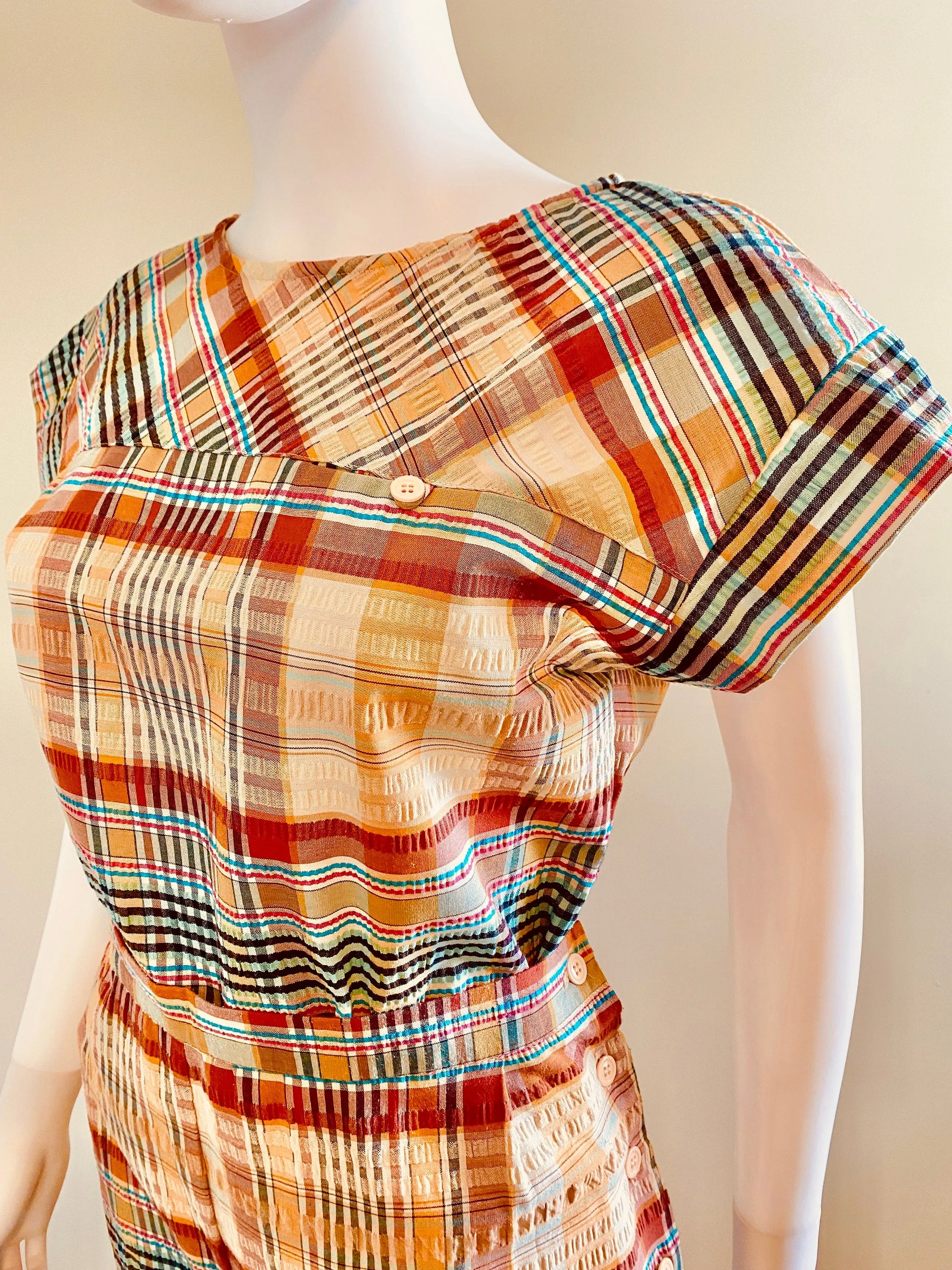 Vintage 1970s Madras Plaid Side Button Capri and Blouse Set / 70s does 1950s cotton pants and top / Size S