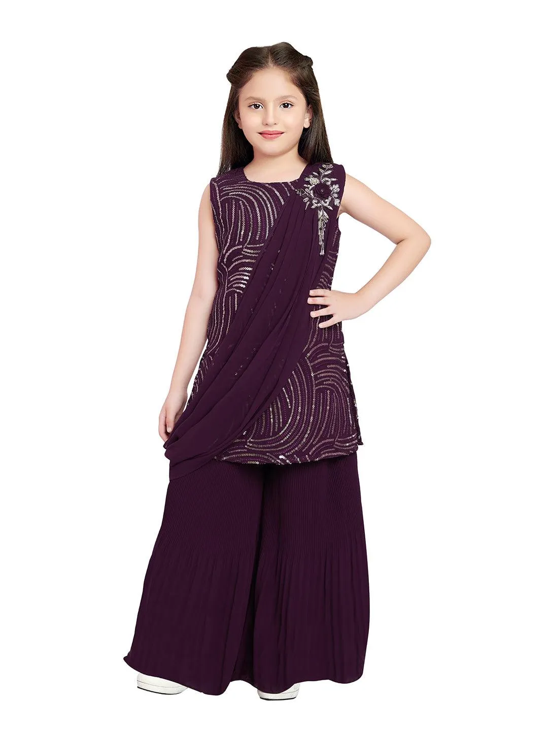 Wine Coloured Russian Palazzos Set For Girls