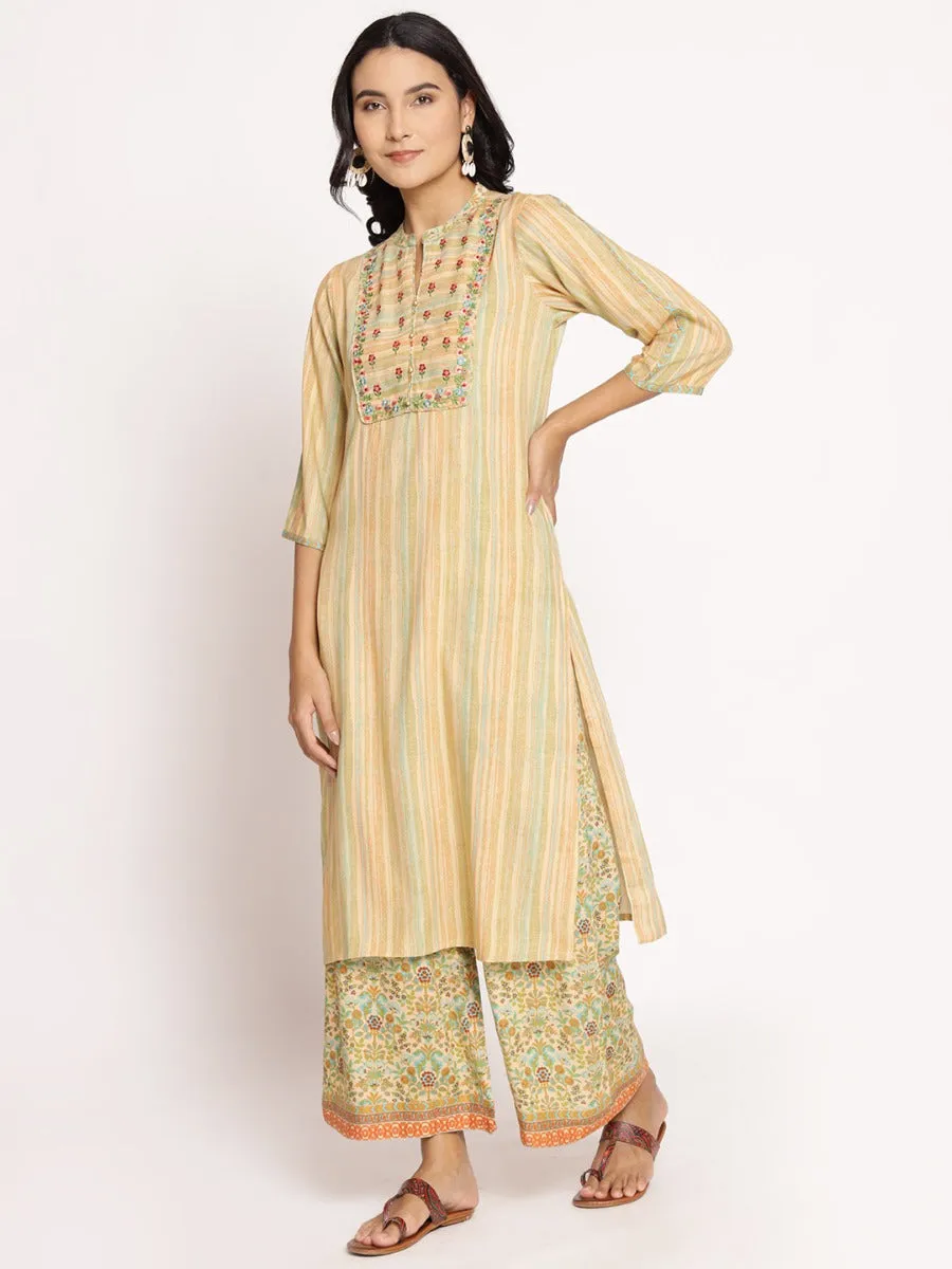 Women Beige Multi Embroidered Kurta With Palazzo