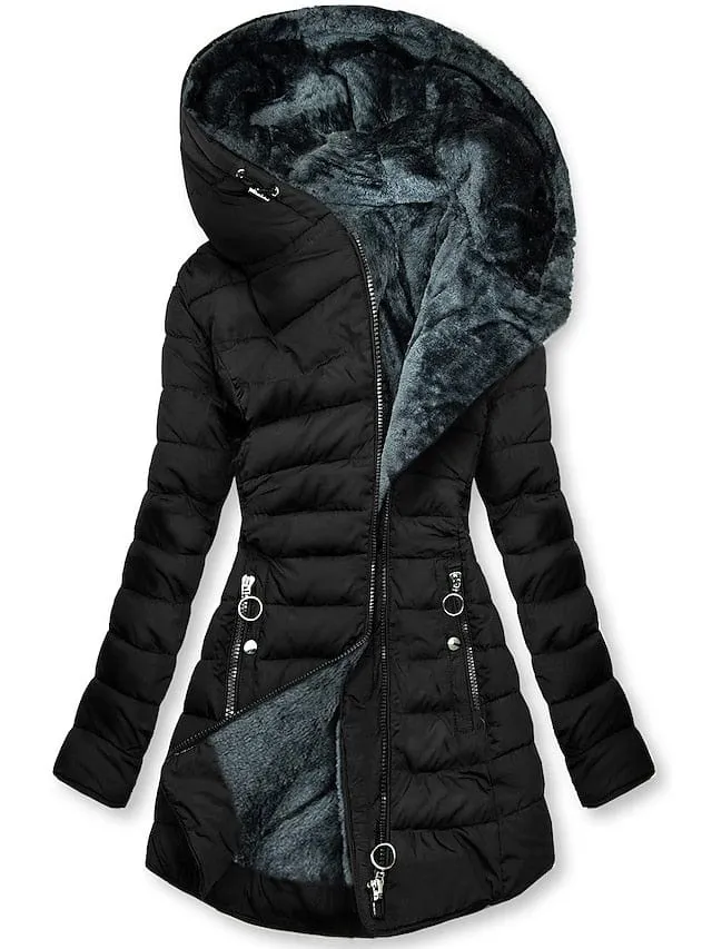 Women's Black Puffer Jacket with Windproof Design and Zipper Hoodie