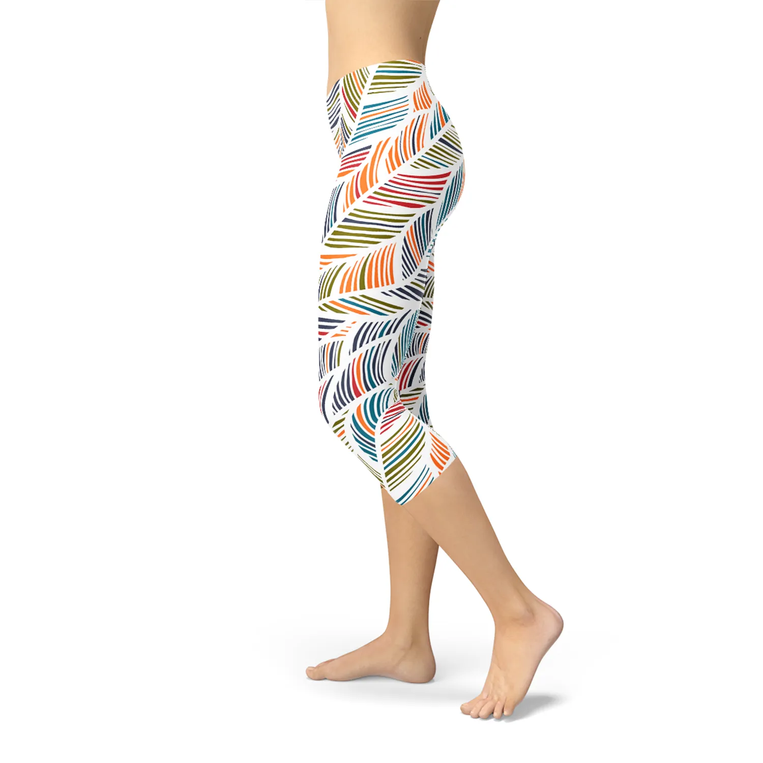 Womens Colorful Feather Fern Capri Leggings