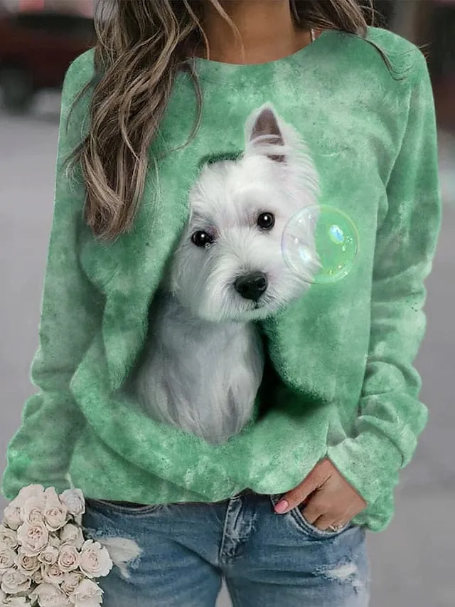 Women's Dog Print Sweatshirt for Fall & Winter with Micro-Elastic Fabric