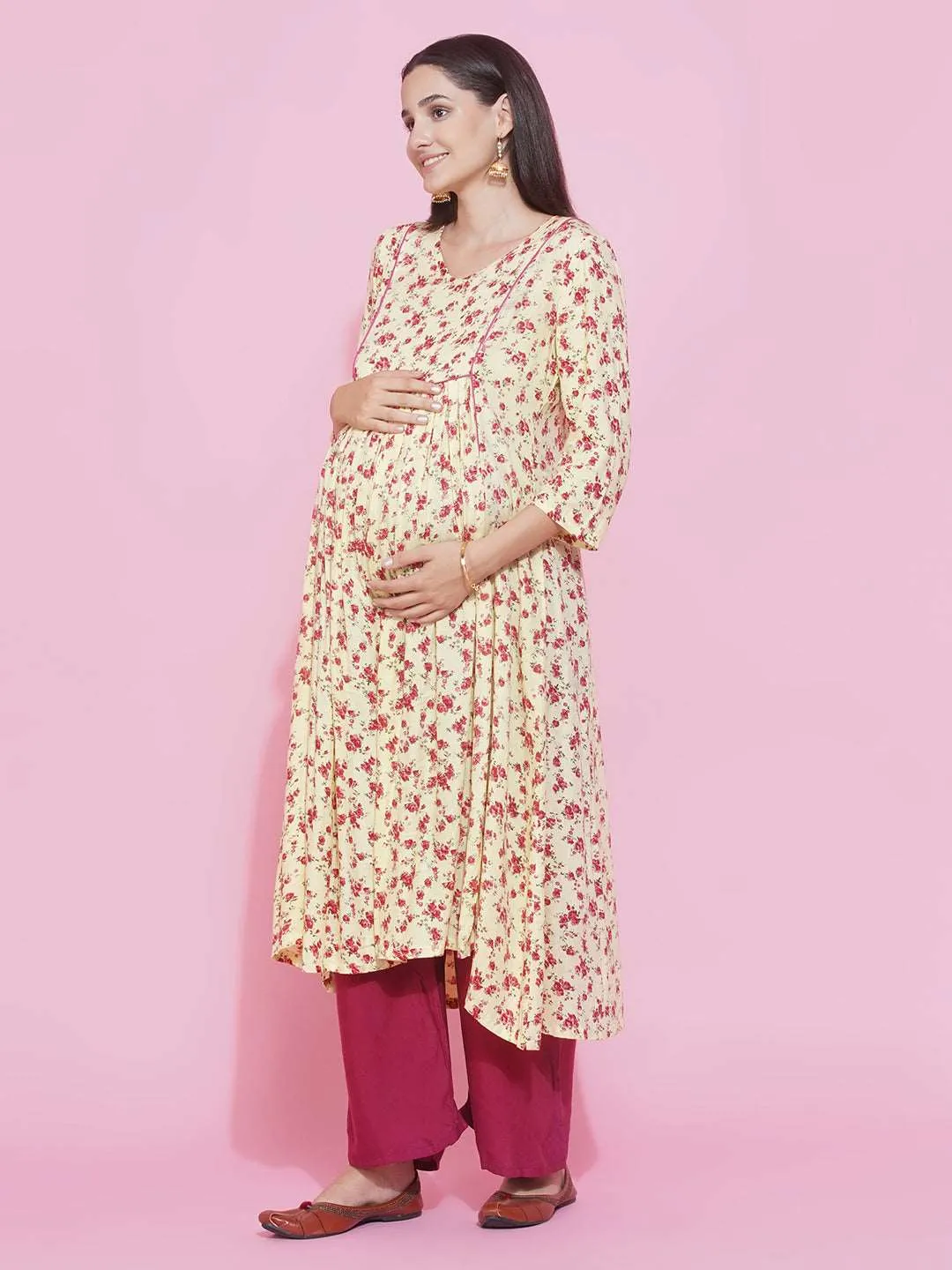 Yellow Floral A-Line Maternity and Feeding Kurta